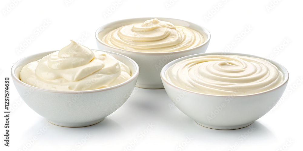 Collection of Three Bowls of Sour Cream Isolated on a Clean Background for Culinary Use Collection of Three Bowls of Sour Cream Isolated on a Clean Background for Culinary Use
