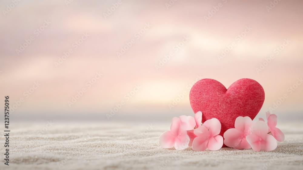 Fototapeta premium A vibrant pink heart rests among delicate flowers, set against a soft, dreamy background, evoking feelings of love and warmth.