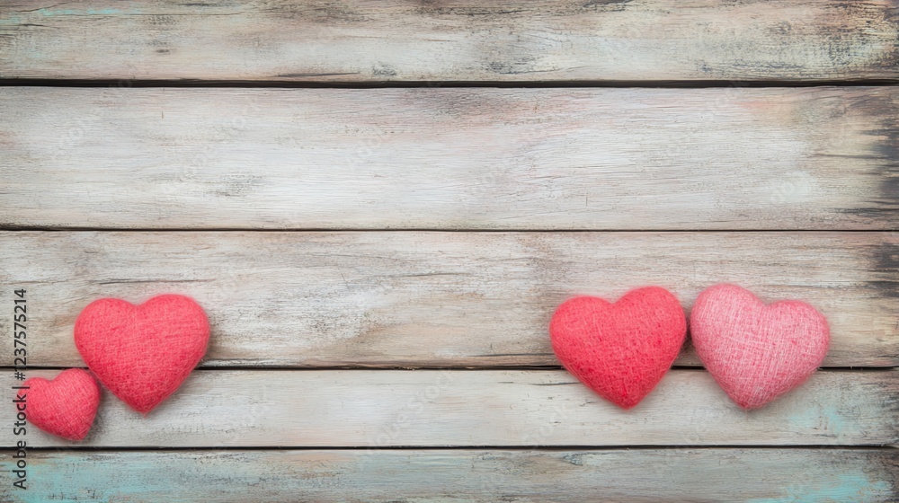 Fototapeta premium Colorful hearts on a rustic wooden background create a warm, romantic atmosphere, perfect for celebrations of love and affection.