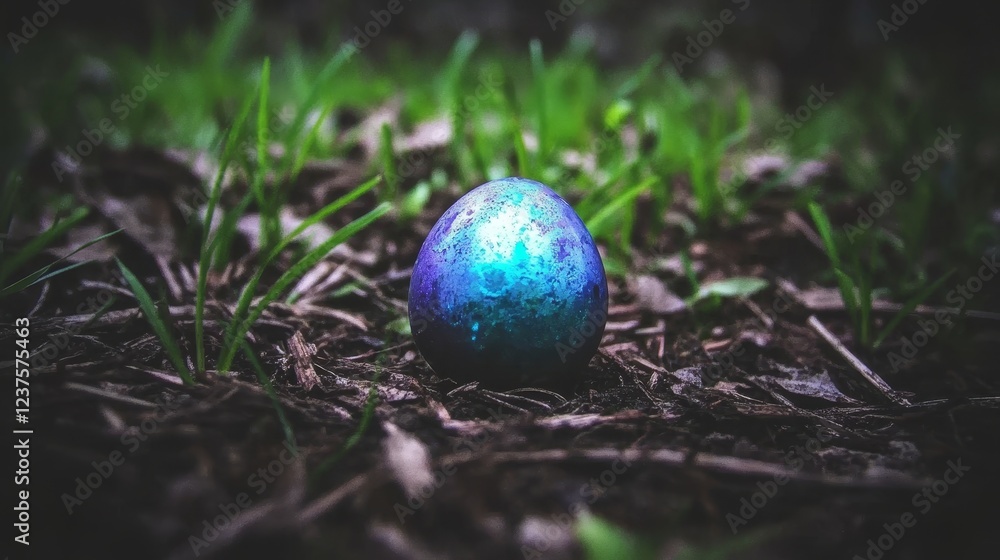 Mysterious Blue Egg in Dark Forest Setting Mysterious Blue Egg in Dark Forest Setting
