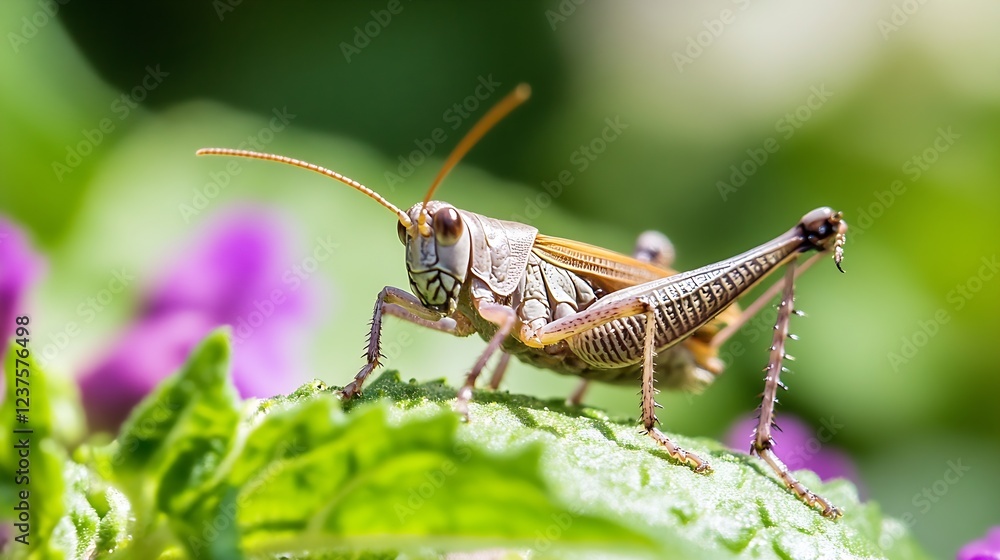 Close up of grasshopper perched on vibrant green leaf in colorful natural background : Generative AI Close up of grasshopper perched on vibrant green leaf in colorful natural background : Generative AI
