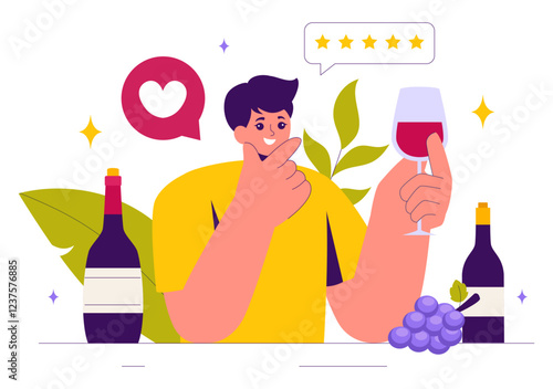 Wine Tasting Illustration featuring People Holding Wine Glasses with Bottles and Grapes for Tasting, Drinking, Swirling, and Savoring the Aroma