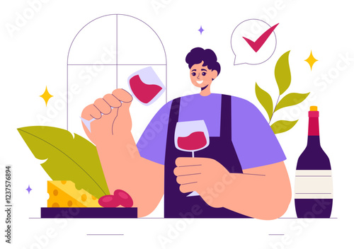 Wine Tasting Illustration featuring People Holding Wine Glasses with Bottles and Grapes for Tasting, Drinking, Swirling, and Savoring the Aroma