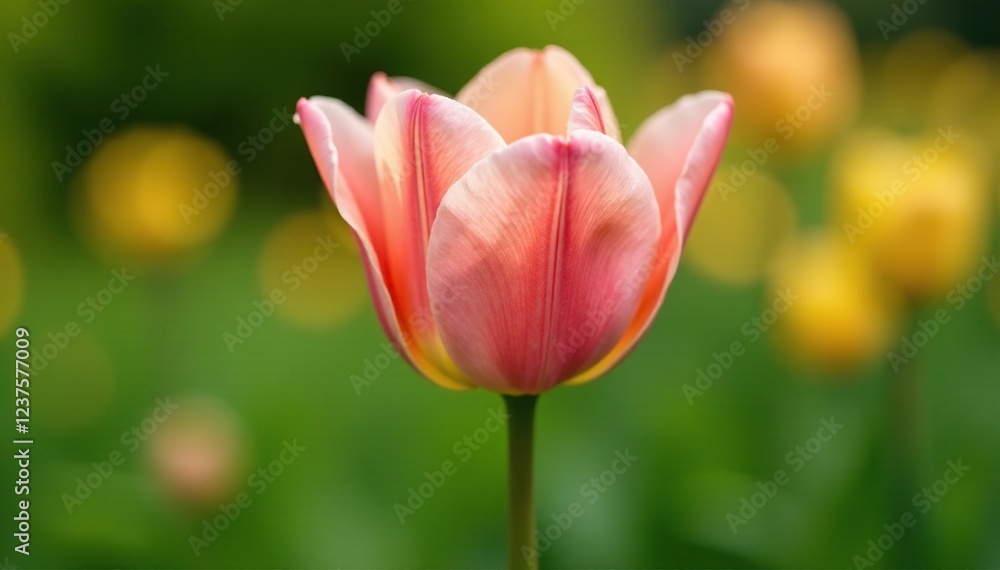 Soft pink tulip stem dissolves into green foliage, garden, yellow Soft pink tulip stem dissolves into green foliage, garden, yellow