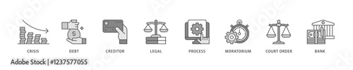 Bankruptcy icon set flow process which consists of bank ,court order, legal, moratorium, process, creditor, debt, crisis icon live stroke and easy to edit .