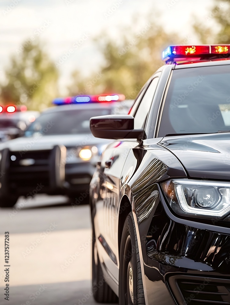Row of Police Cars with Flashing Sirens During a Daytime Operation : Generative AI Row of Police Cars with Flashing Sirens During a Daytime Operation : Generative AI