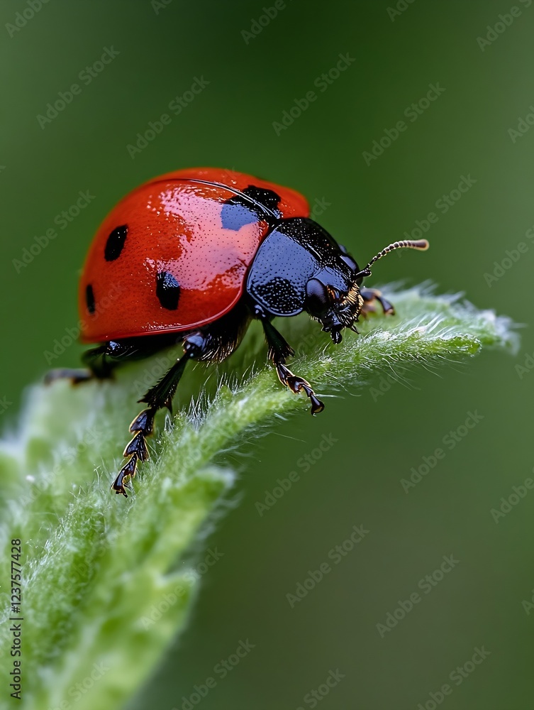Fototapeta premium Detailed ladybug with classic red shell and black spots on a green leaf in the garden : Generative AI