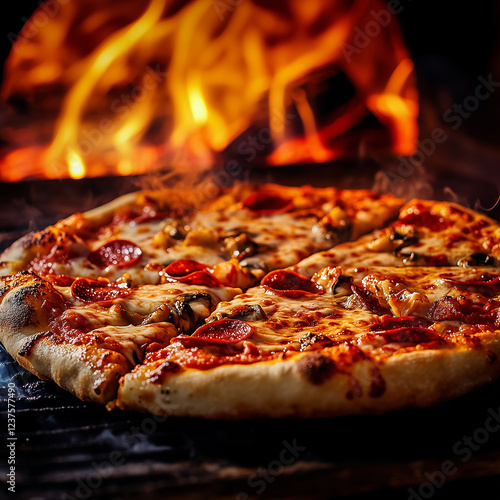 Pizza in the pizza oven With a burning fire