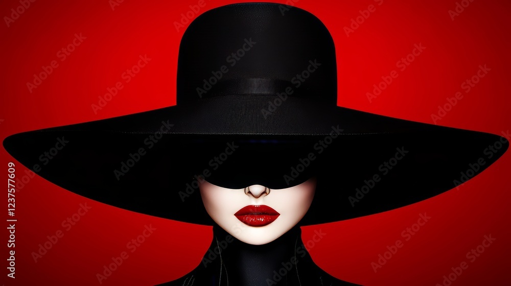 Mysterious Woman Red Background Wide Brim Hat Mysterious Woman Red Background Wide Brim Hat