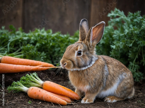 Cute rabbit eats carrots in the backyard