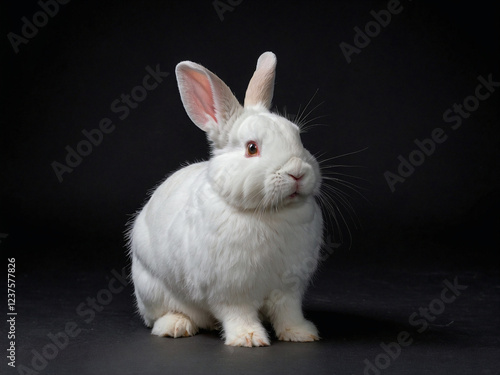 Cute white rabbit in studio, black background
