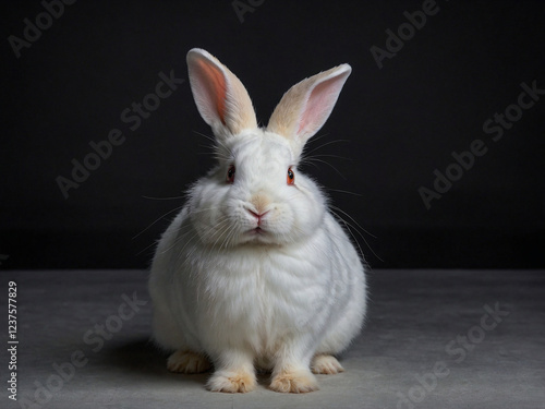 Cute white rabbit in studio, black background
