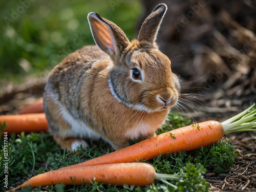 Cute rabbit eats carrots in the backyard