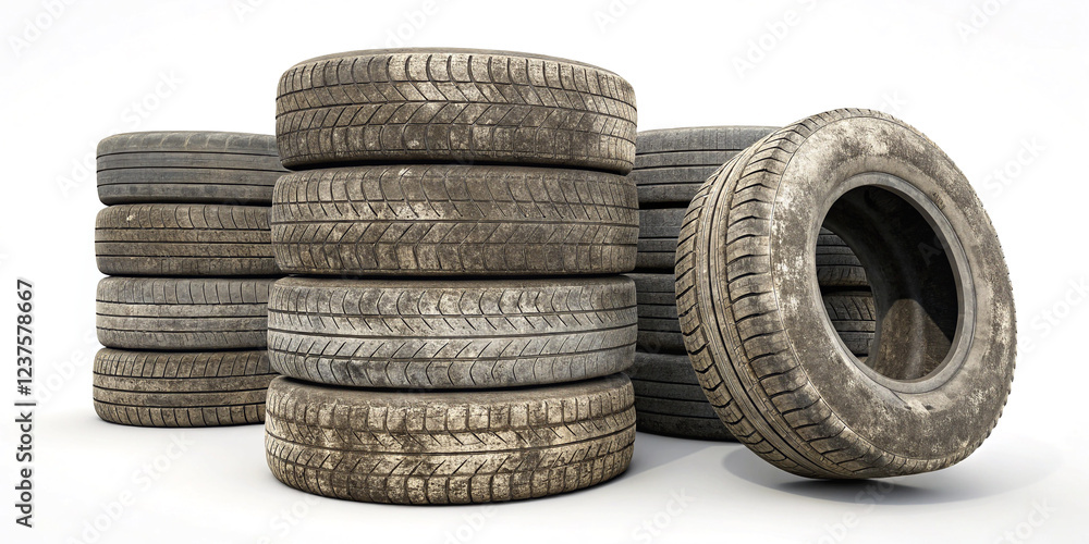 Old Dirty Tire Stacks Isolated on a White Background for Automotive Use Old Dirty Tire Stacks Isolated on a White Background for Automotive Use