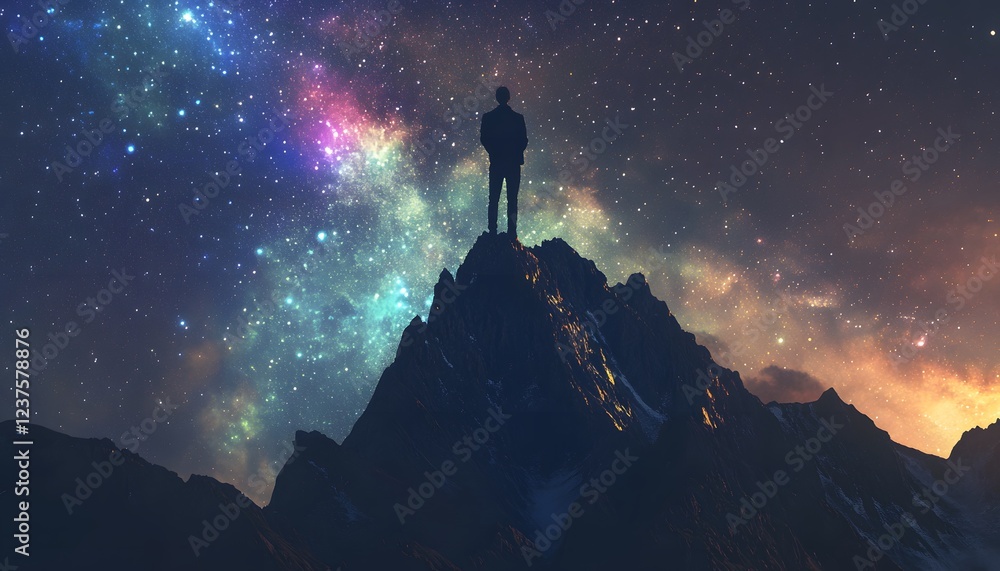 Solitary Figure Contemplating Celestial Wonders Atop Mountain Peak Solitary Figure Contemplating Celestial Wonders Atop Mountain Peak