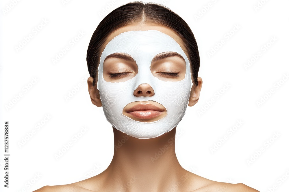 Skincare and beauty procedures Woman wearing a sheet mask against a white background Skincare and beauty procedures Woman wearing a sheet mask against a white background