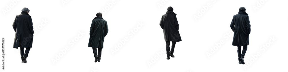 Four Figures in Coats, Back View Illustration, Isolated on White Background, Digital Painting, Mysterious, Men, Illustration Four Figures in Coats, Back View Illustration, Isolated on White Background, Digital Painting, Mysterious, Men, Illustration