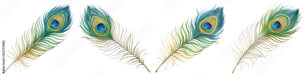 Four Peacock Feathers Composition Isolated on White Background, Bird, Nature, peacock, feather, illustration Four Peacock Feathers Composition Isolated on White Background, Bird, Nature, peacock, feather, illustration