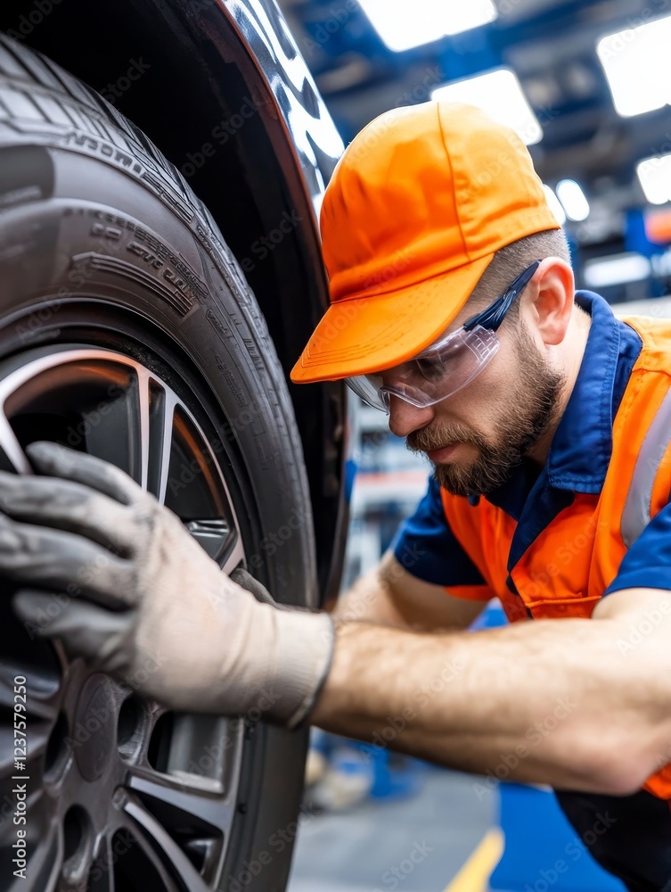 Mechanic in orange safety gear working on a car tire in a busy automotive workshop environment Mechanic in orange safety gear working on a car tire in a busy automotive workshop environment