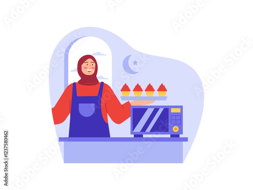 Muslim woman baking cookies Illustration. Fasting ramadan illustration. Flat vector illustration concept.