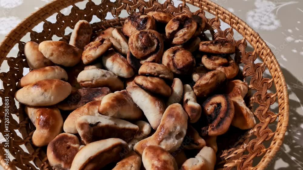 Bowl of freshly baked bread dough pastries arranged neatly, texture and golden crust Bowl of freshly baked bread dough pastries arranged neatly, texture and golden crust
