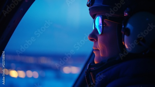 Helicopter pilot in reflective sunglasses gazes out at twilight landscape with city light in the background photo