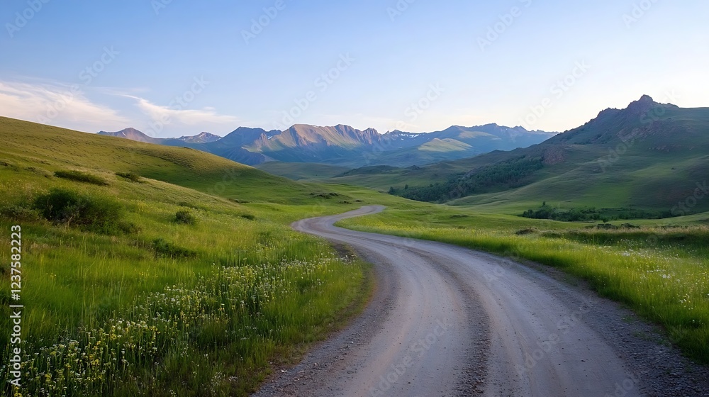 Fototapeta premium Scenic Rural Dirt Road Leading Through Green Hills and Mountains at Sunset : Generative AI