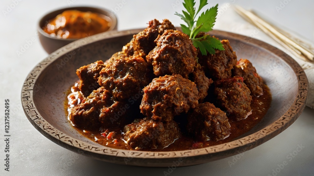 Delicious Rendang Copy Space on White Background