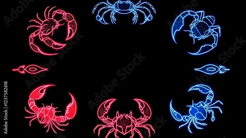 Neon Zodiac Signs Crabs and Scorpions Glow Darkly photo