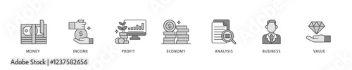 Cash flow icon set flow process which consists of money, income, profit, economy, analysis, business, and value icon live stroke and easy to edit .