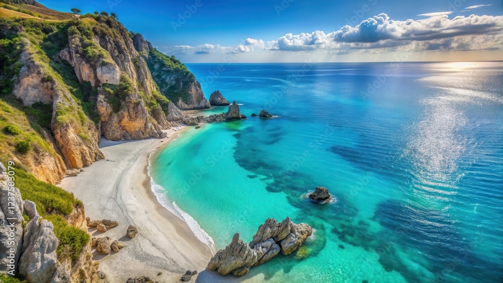 Fototapeta premium Dramatic cliffside with turquoise water and white sandy beach at Capo Vaticano , Italy, beaches, Italy, beaches