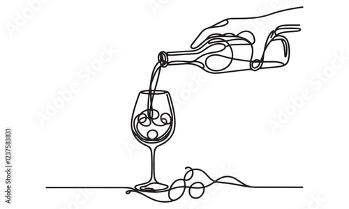 continuous one single line art drawing of pouring champagne wine into glasses