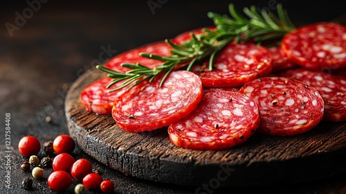 Wallpaper Mural Spicy salami slices on wood, rosemary garnish, peppercorns background; food photography for menus Torontodigital.ca