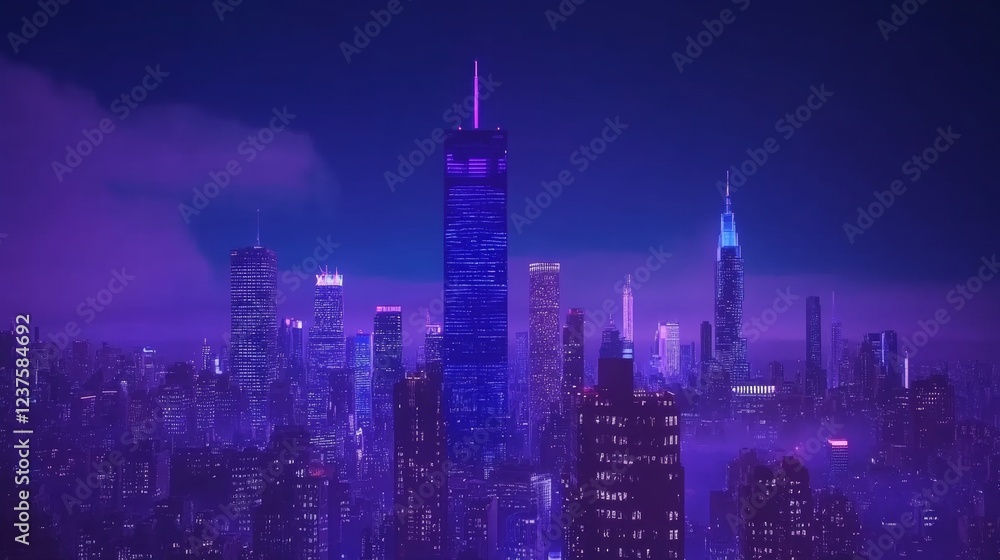 Obraz premium Night Cityscape Purple Neon Glow Skyline Towers