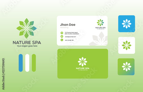 a nature corporation logo design with business card premium vector