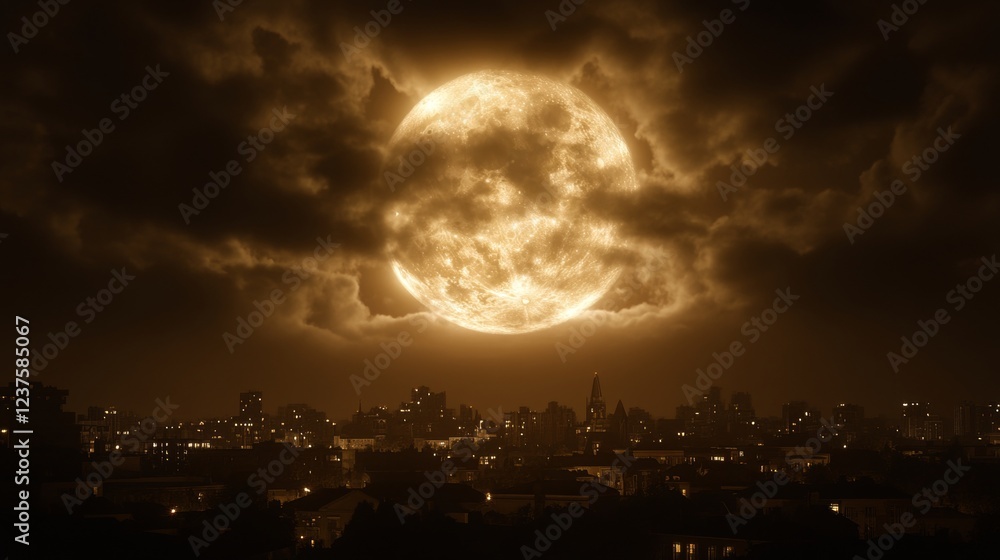 Night Cityscape Underneath a Giant Orange Moon Night Cityscape Underneath a Giant Orange Moon