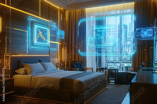 Airy guest room featuring discreet holographic alerts for window security breaches.