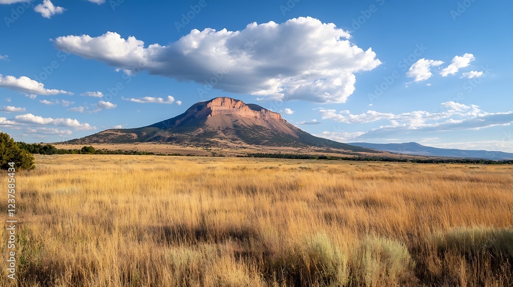 Majestic Plains Landscape with Dramatic Mountain and Expansive Sky Under Puffy Clouds in Afternoon Light : Generative AI Majestic Plains Landscape with Dramatic Mountain and Expansive Sky Under Puffy Clouds in Afternoon Light : Generative AI