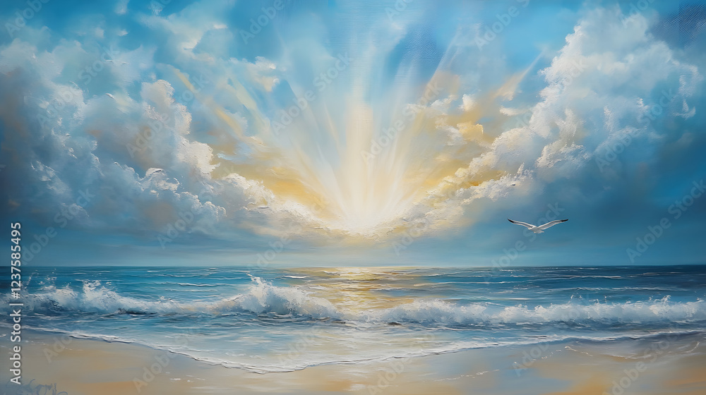 Obraz premium A majestic ocean sunset with golden rays casting light on the calm water, symbolizing serenity and the beauty of nature as the day transitions into night.