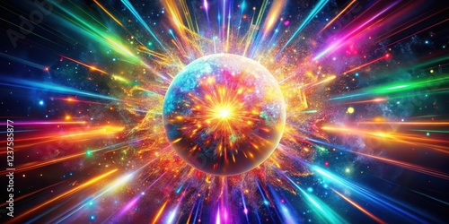 Vibrant sphere imploding in a kaleidoscope of colors as it releases a burst of radiant sparks, vibrant, colorful fragments