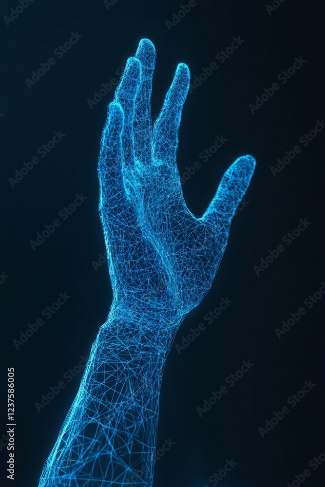 3D wireframe of a hand reaching out, in a blue color, against a dark background, with high contrast. 3D wireframe of a hand reaching out, in a blue color, against a dark background, with high contrast.