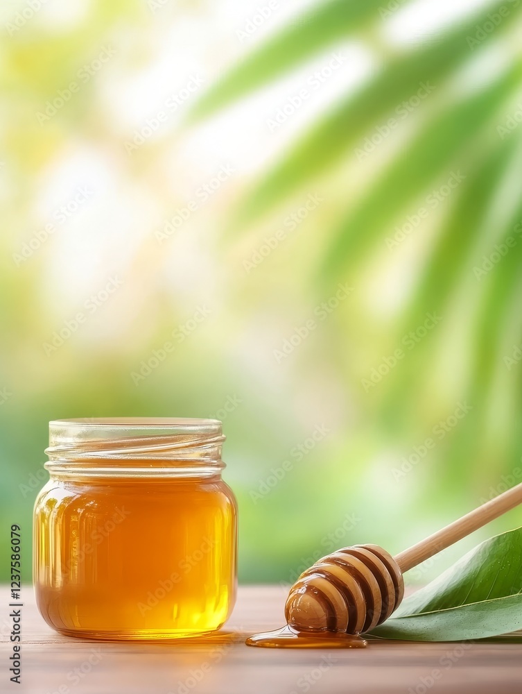 A close-up view of a jar of honey with a wooden dipper on a wooden surface, surrounded by green foliage A close-up view of a jar of honey with a wooden dipper on a wooden surface, surrounded by green foliage