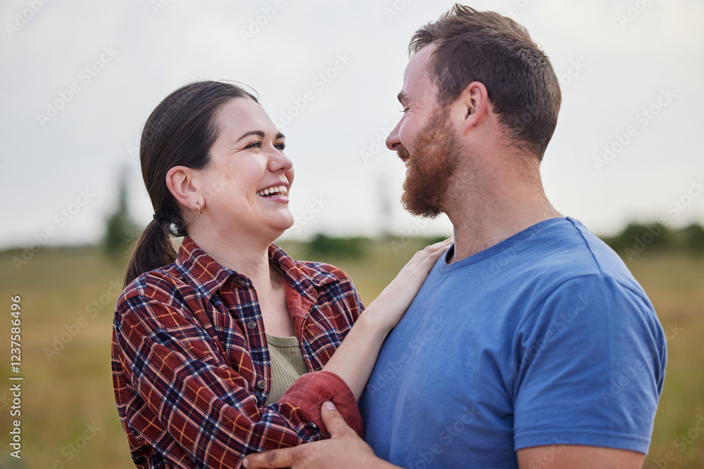 Obraz premium Outdoor, couple and happy with love in farm, sustainable environment and agro field with bonding. Countryside, man and woman with affection embrace for admiration, agriculture and farmer in Australia