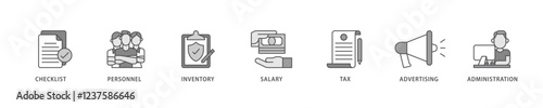 Cost reduction icon set flow process which consists of checklist, personnel, inventory, salary, tax, advertising and administration icon live stroke and easy to edit .