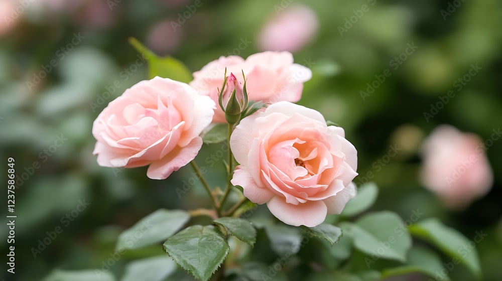Three Pale Pink Roses Blooming in Lush Green Garden Environment : Generative AI Three Pale Pink Roses Blooming in Lush Green Garden Environment : Generative AI
