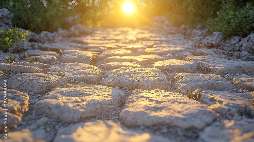 Naklejka premium Sunlit stone path, plants, sunset, peaceful landscape, travel imagery