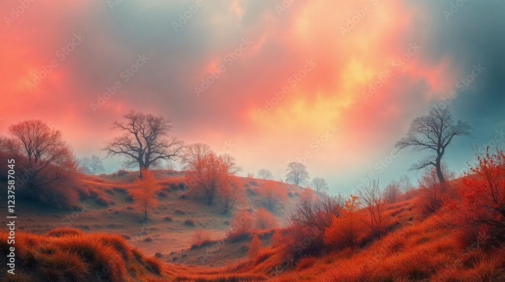 Fototapeta premium A serene landscape photography evoking a mystic, enchanting environment, with gentle color contrasts, an ethereal quality and a dreamlike atmosphere using reds, oranges and yellows.