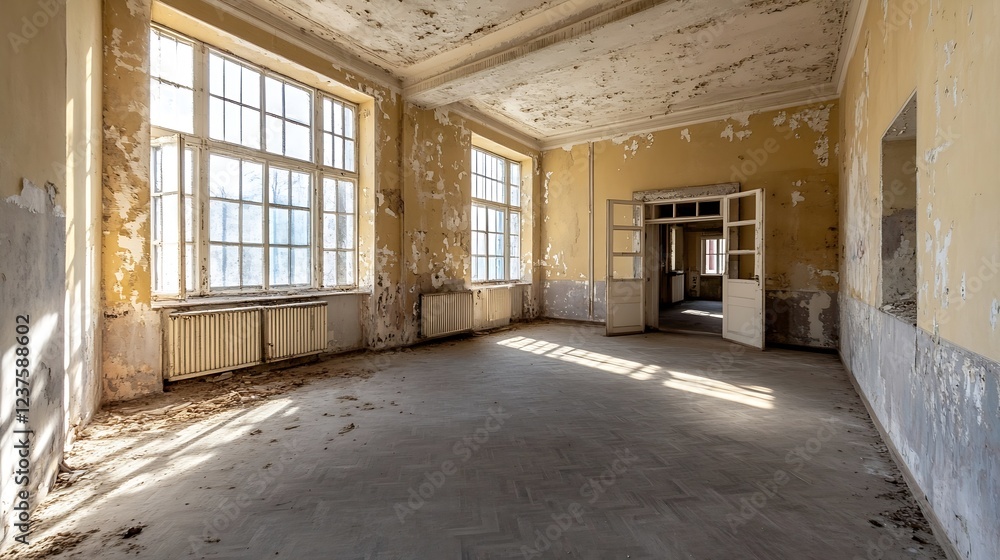 Abandoned Building Interior with Peeling Paint and Natural Light Through Windows : Generative AI