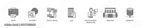 Cross media icon set flow process which consists of print, internet, social media, app, multichannel marketing, webshop and database icon live stroke and easy to edit .