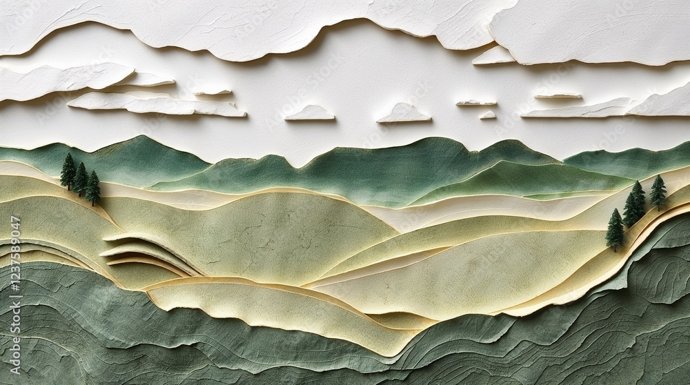 custom made wallpaper toronto digitalA serene landscape photograph sculpted from layered papier-mâché, emphasizing textured layers and a serene mood.